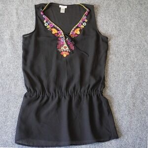 Cachet Black Sleeveless Beaded Floral Embroidered Tunic‎ Top Size M